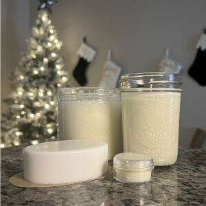 Set of soap, candle, body scrub, and lip balm